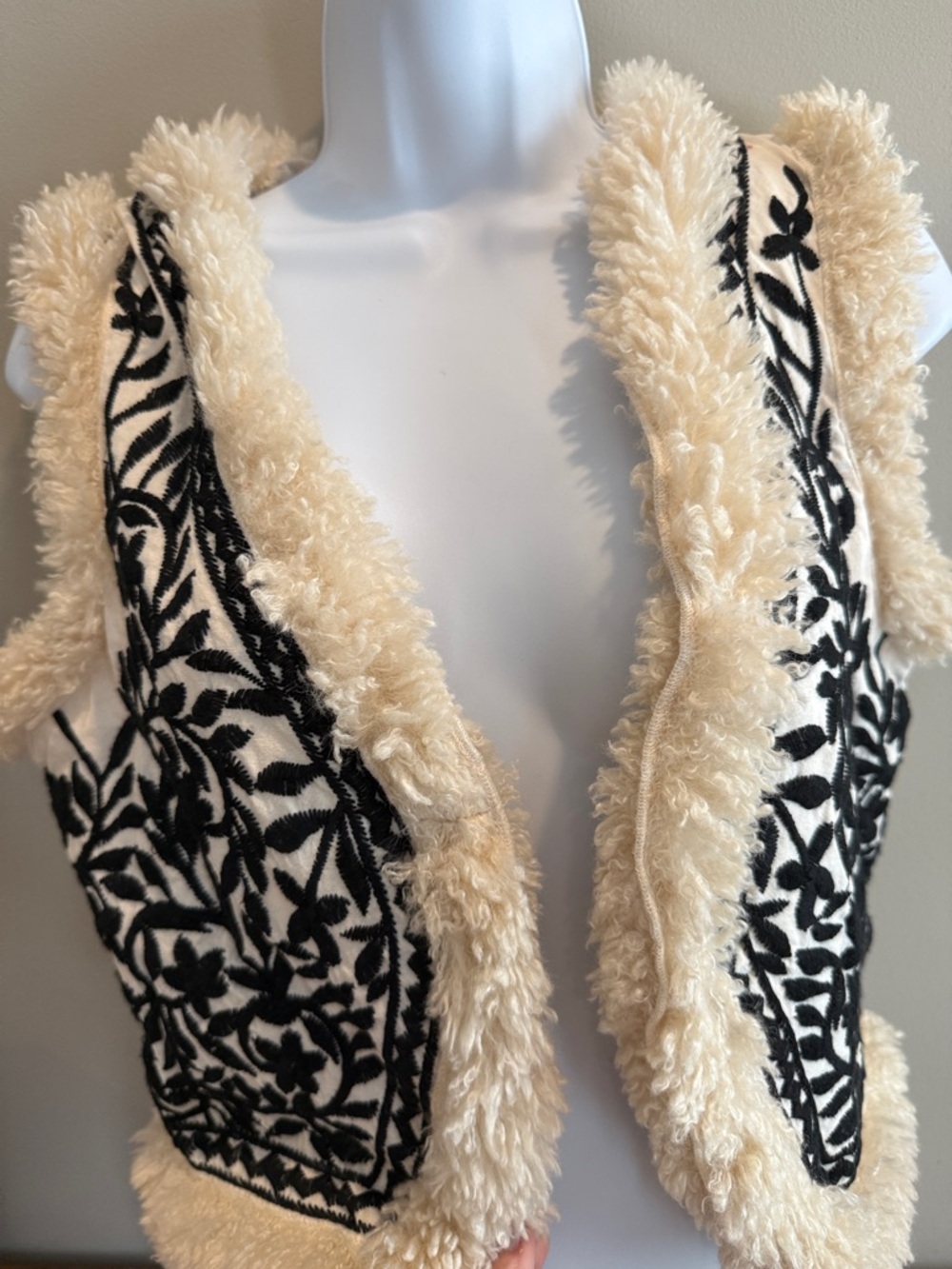 Free People Cream Faux-Shearling Vest with Black Embroidered Panels